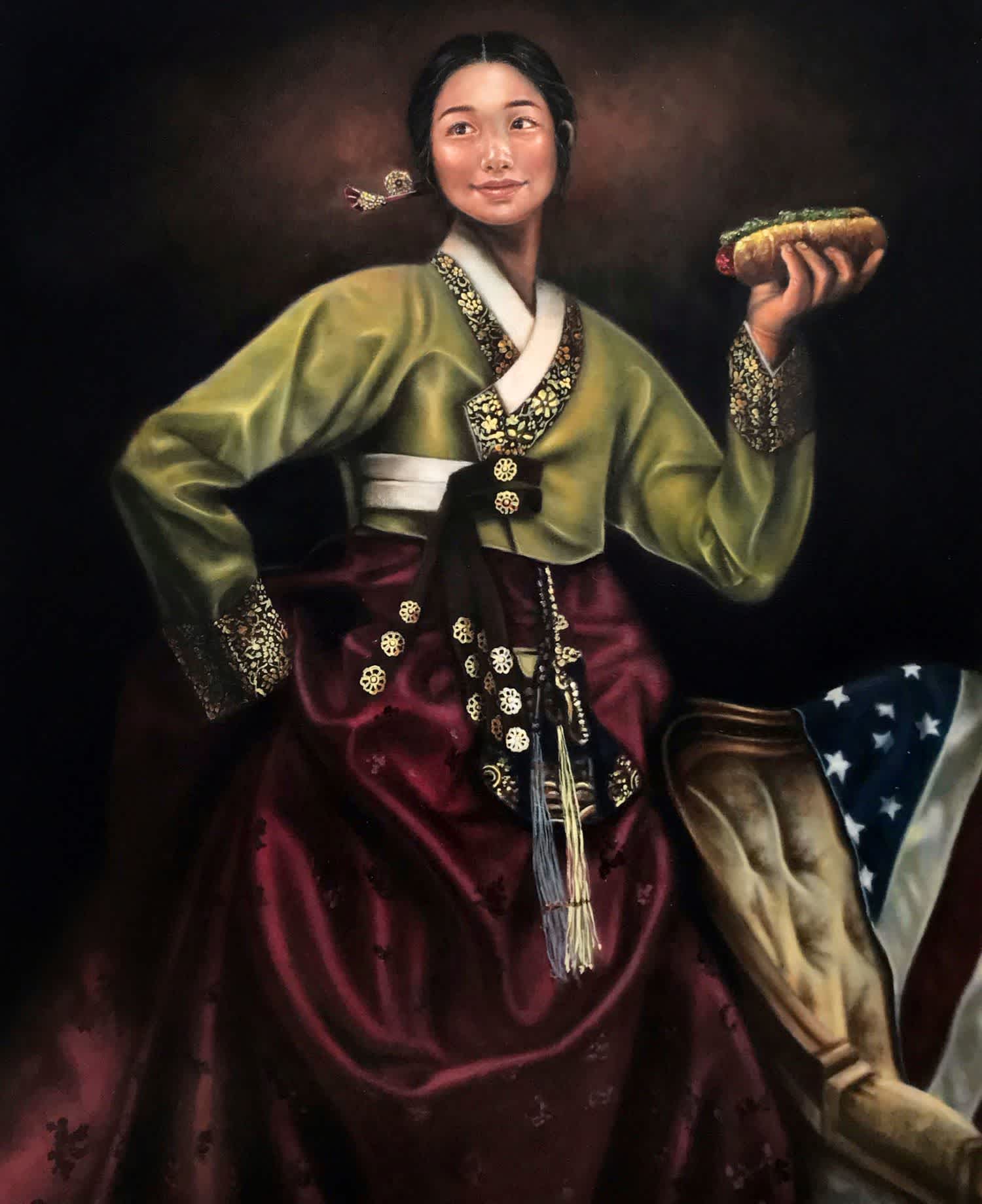 Ian Choi, Grade 12, Enid High School, Enid, OK. Queen Ian Holding a Hot Dog. 2021 Gold Medal, Painting. 2021 American Visions Award. Educator: Blaine Atwood. 