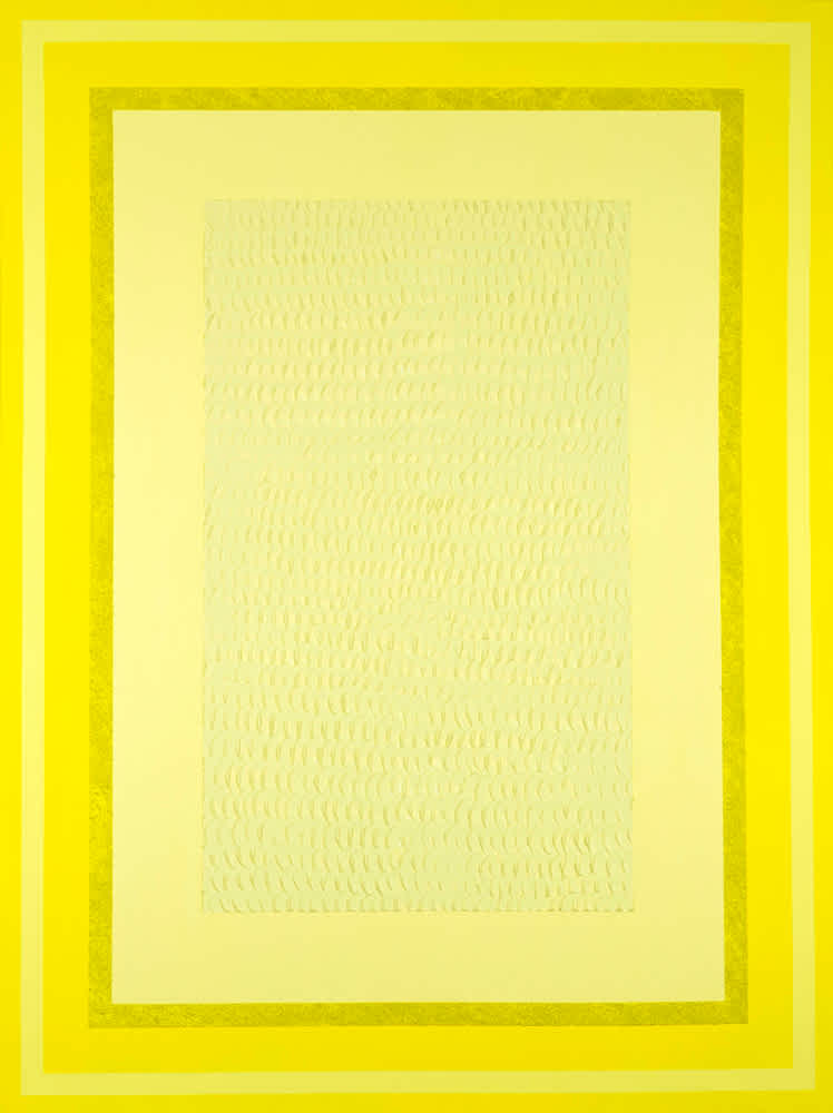 Abstract painting with bright yellow rectangles and marks