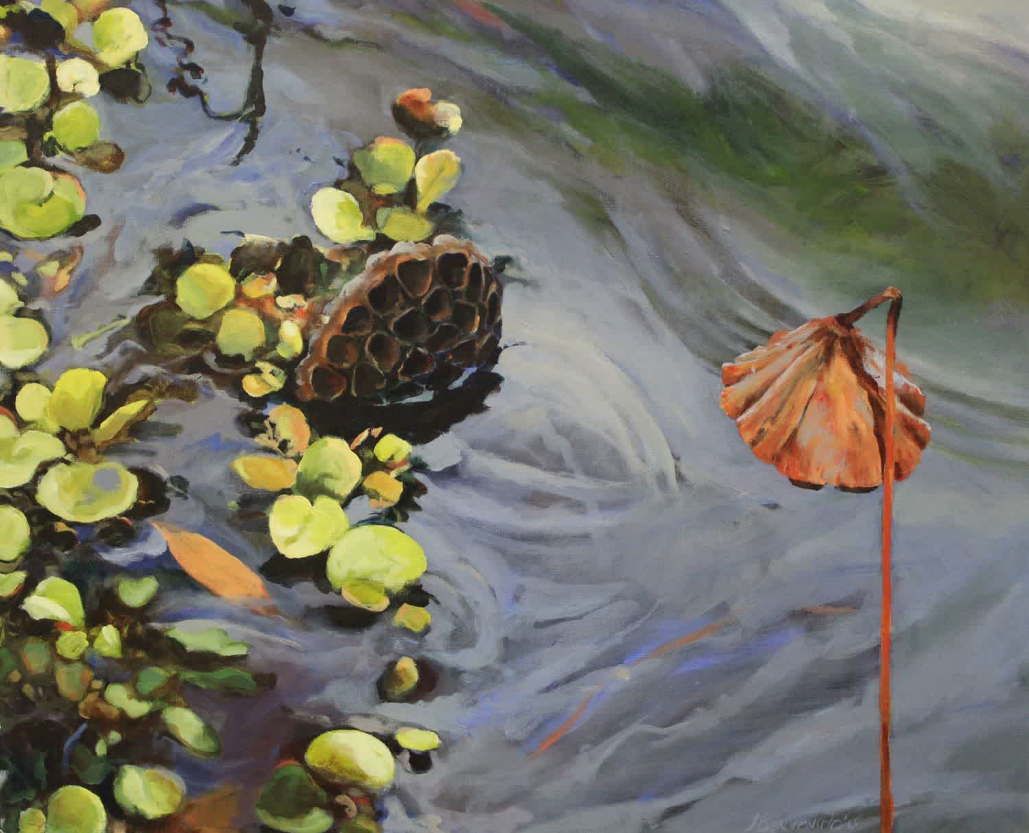 Painting of a calm water scene featuring a floating lotus pod. Painting by Jean Benvenuto for the exhibition Waterways at Virginia MOCA Satellite Gallery.