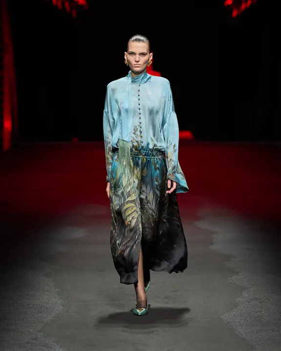Silk Dress With Eden Print in Green/Blue for Women | Roberto Cavalli®