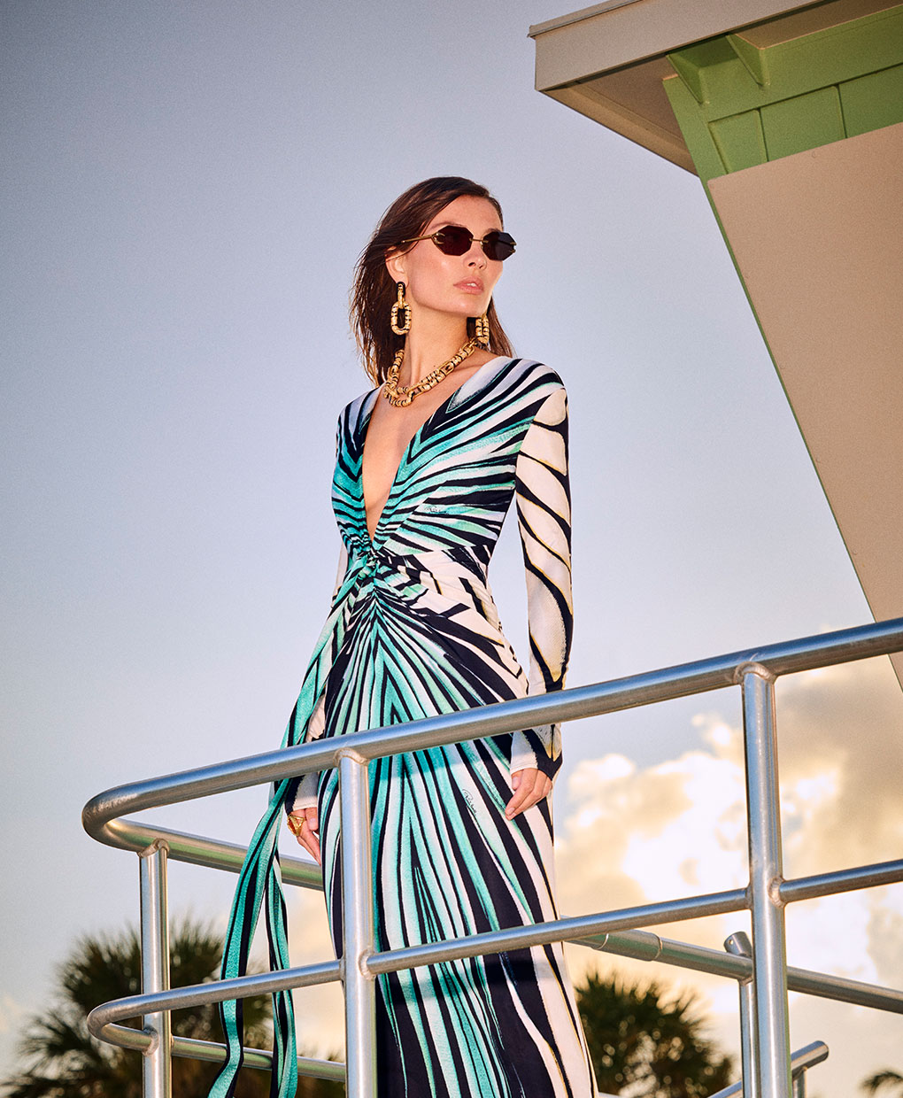 Ray Of Gold Print Cut-out One-Piece Swimsuit in Gold for Women