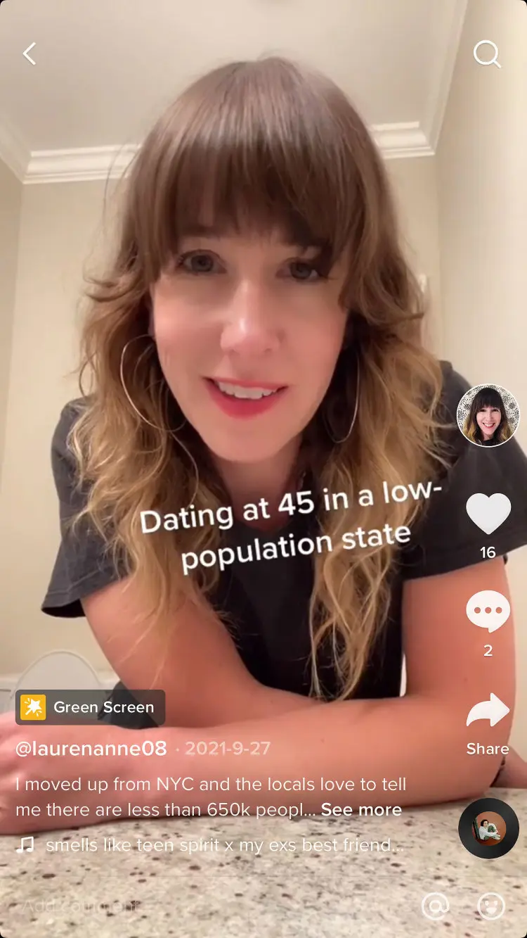 Lauren Waterman in her bathroom via TikTok "Dating at 45 in a low-population state" text.