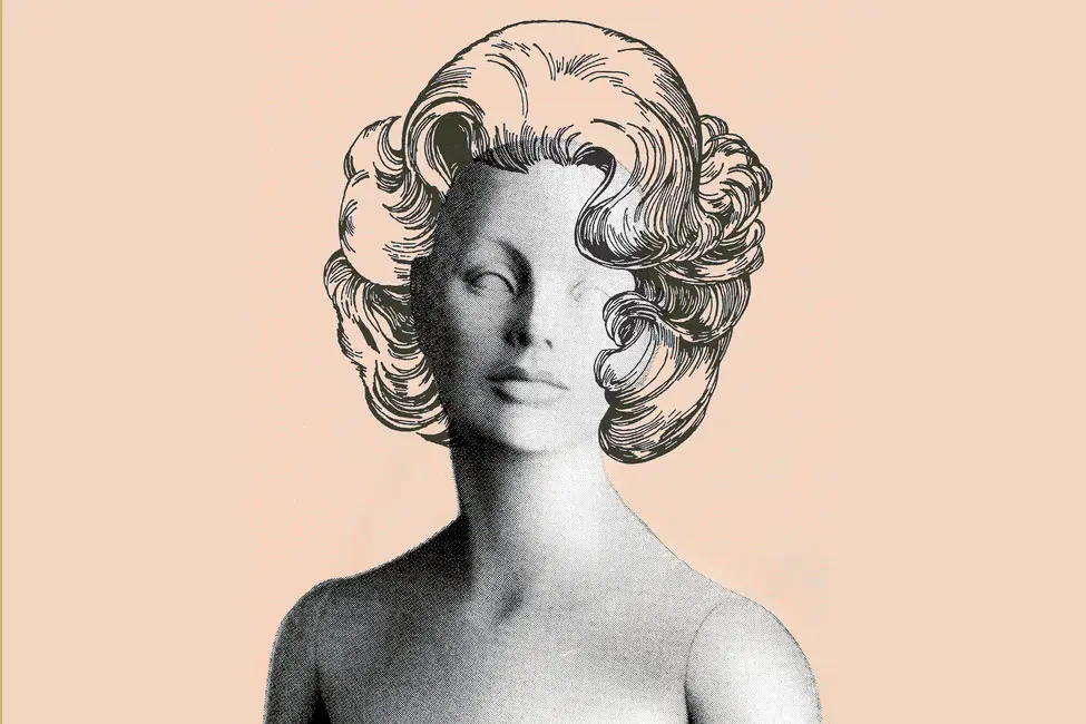 Photo illustration of female head with stylized hair overlaid. AW244
