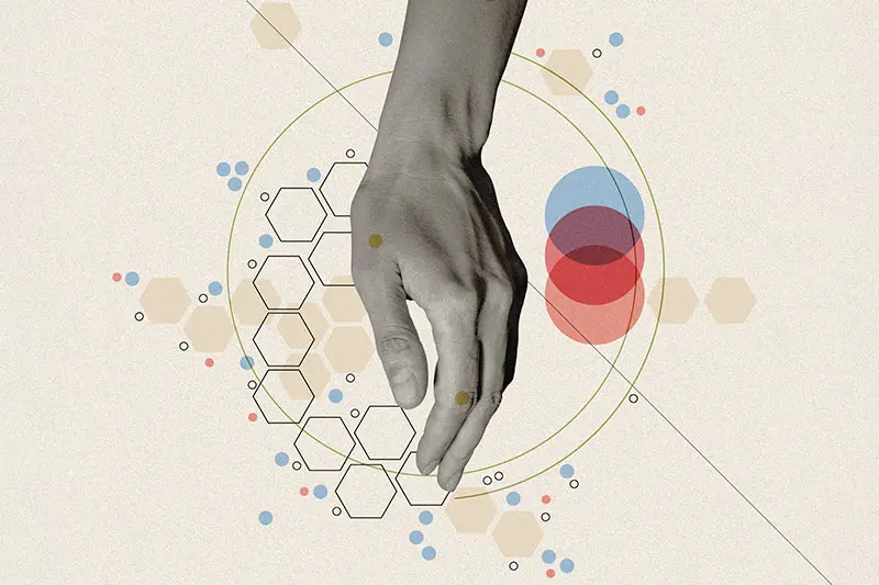 Collage Illustration showing a hand on an abstracted graphic showing biochemstry graphics 