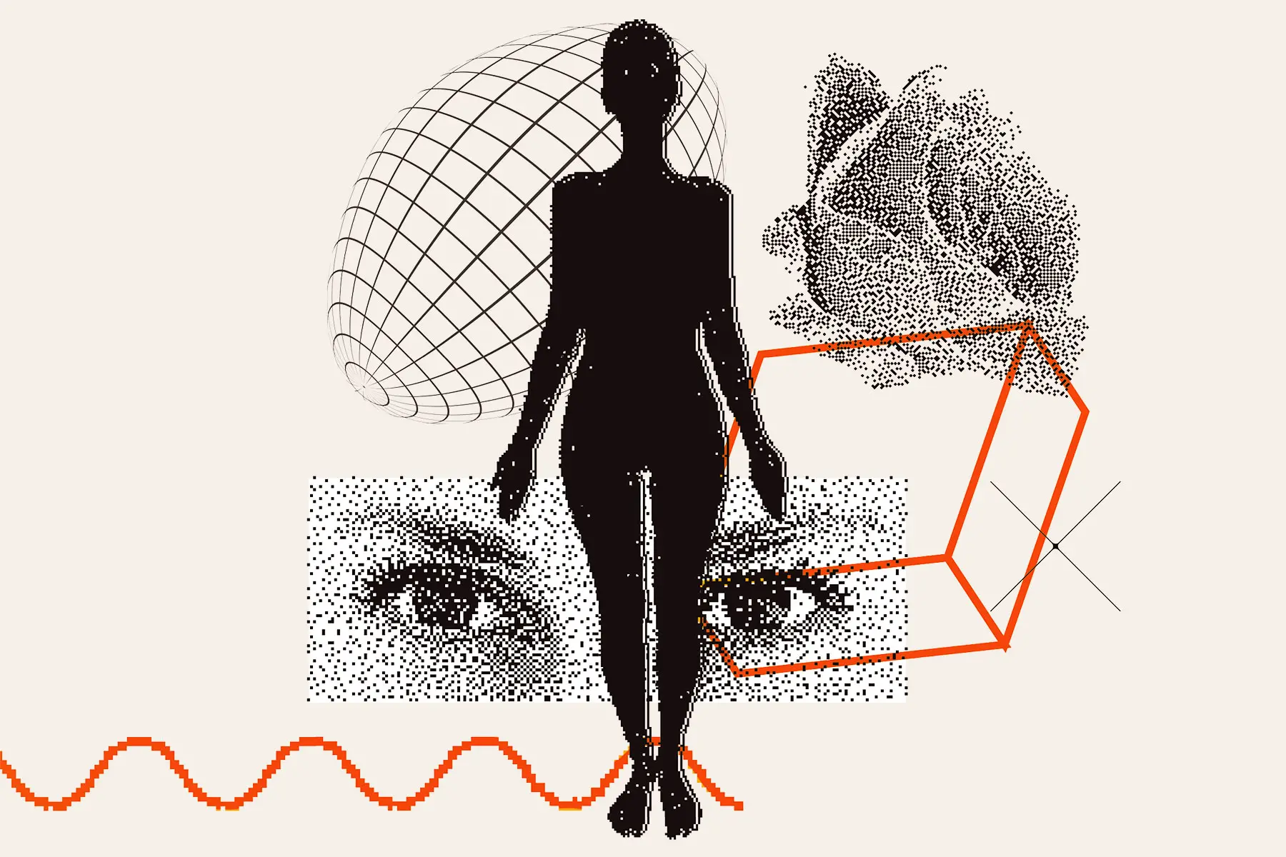Abstract illustration showing bio science and female form in front of a rose, spherical grided object, waves, a box and set of female eyes.  - heade