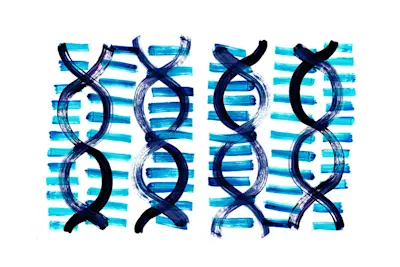 AW865 Painterly graphic depiction of DNA helix' on striped background in blue and white (thumbanil)