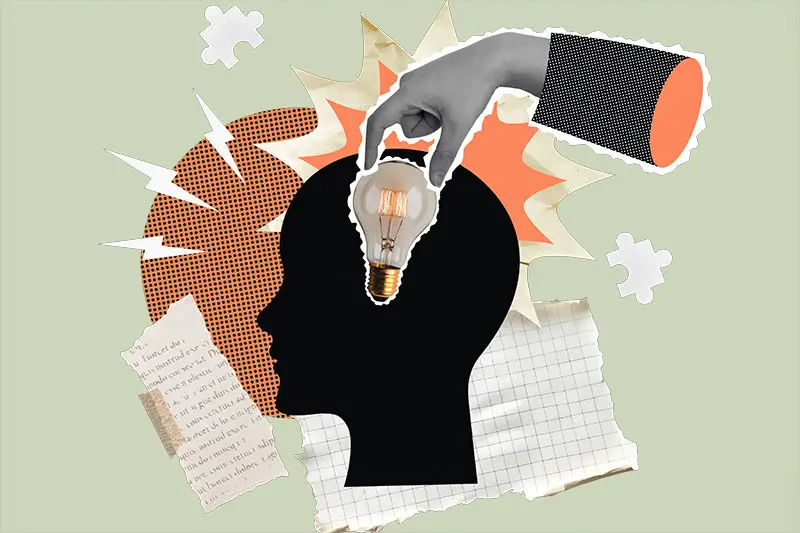 AW747 abstract collage showing lightbulb being placed in a head, puzzle pieces and documents. (thumbnail)