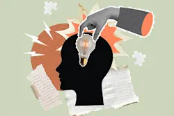 AW747 abstract collage showing lightbulb being placed in a head, puzzle pieces and documents. (thumbnail)