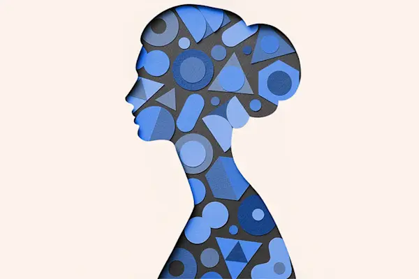 Profile shape of a woman, with shapes of different sizes in blue within, representing the many symptoms of menopause. thumbnail
