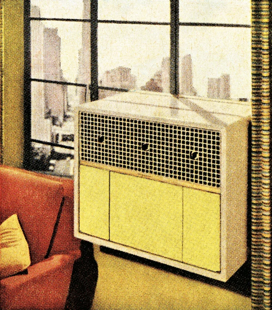 Four color print illustration of vintage air conditioner in window. AW224 