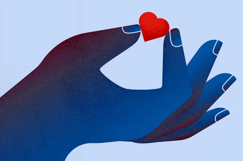 Gradient flat style illustration of a blue hand, with fingers holding a small red heart on a pale blue background (thumbnail)