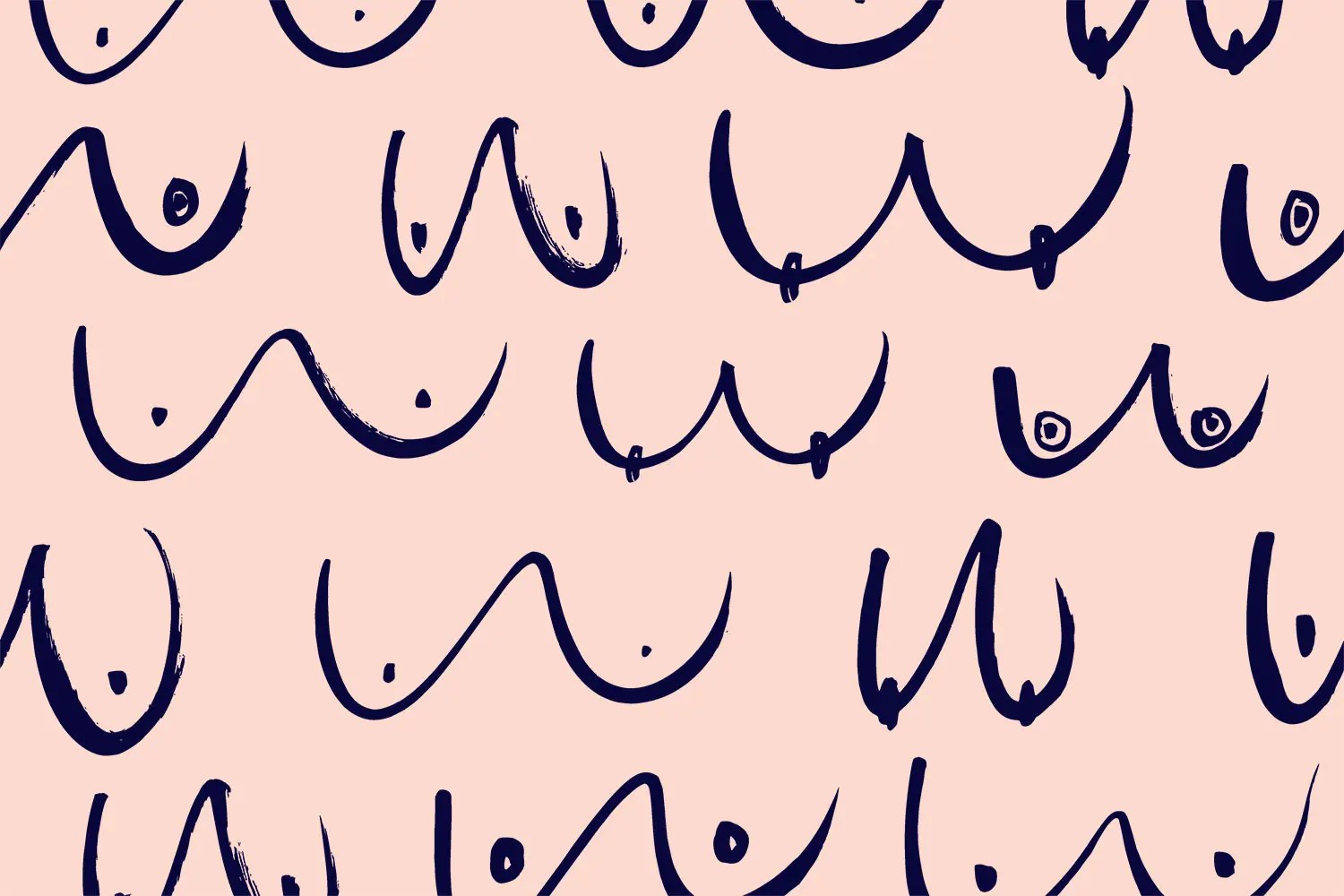 Painterly Illustration of various breast shapes in grid pattern on pink background. AW524