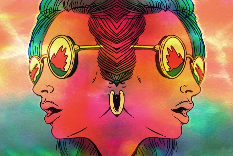 Colorful illustration of a woman with flames reflected in sunglasses. AW062