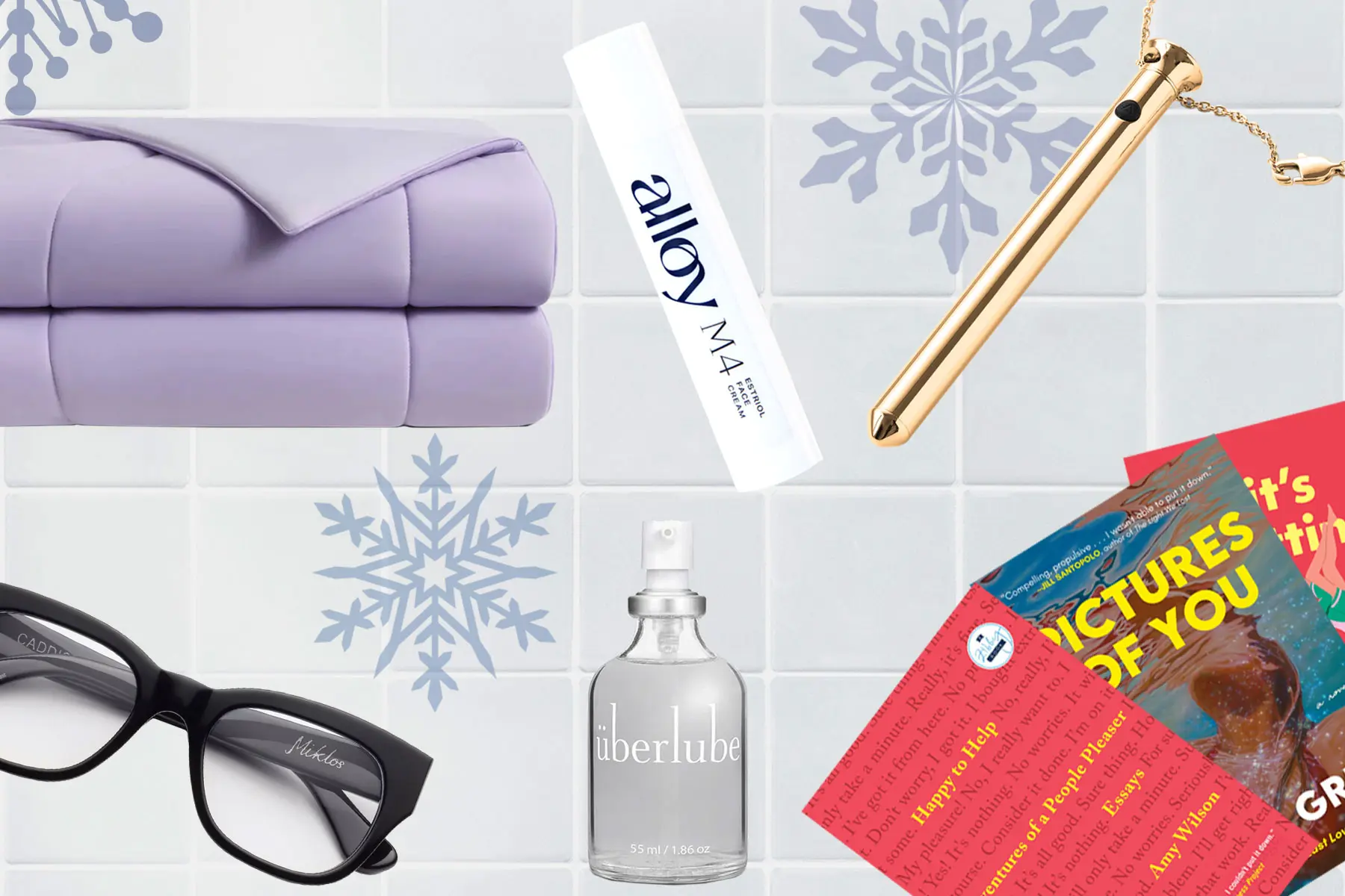 Compilation of gift guide products on tile background (header)