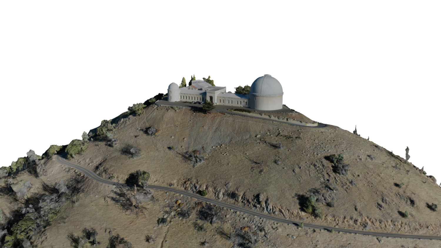 A 3d model of a building on top of a hill.