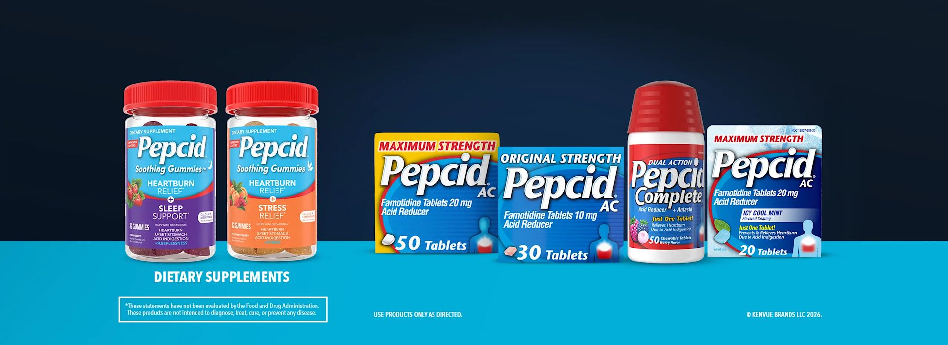 A collection of Pepcid AC Maximum Strength & Pepcid Complete products lined up in a row