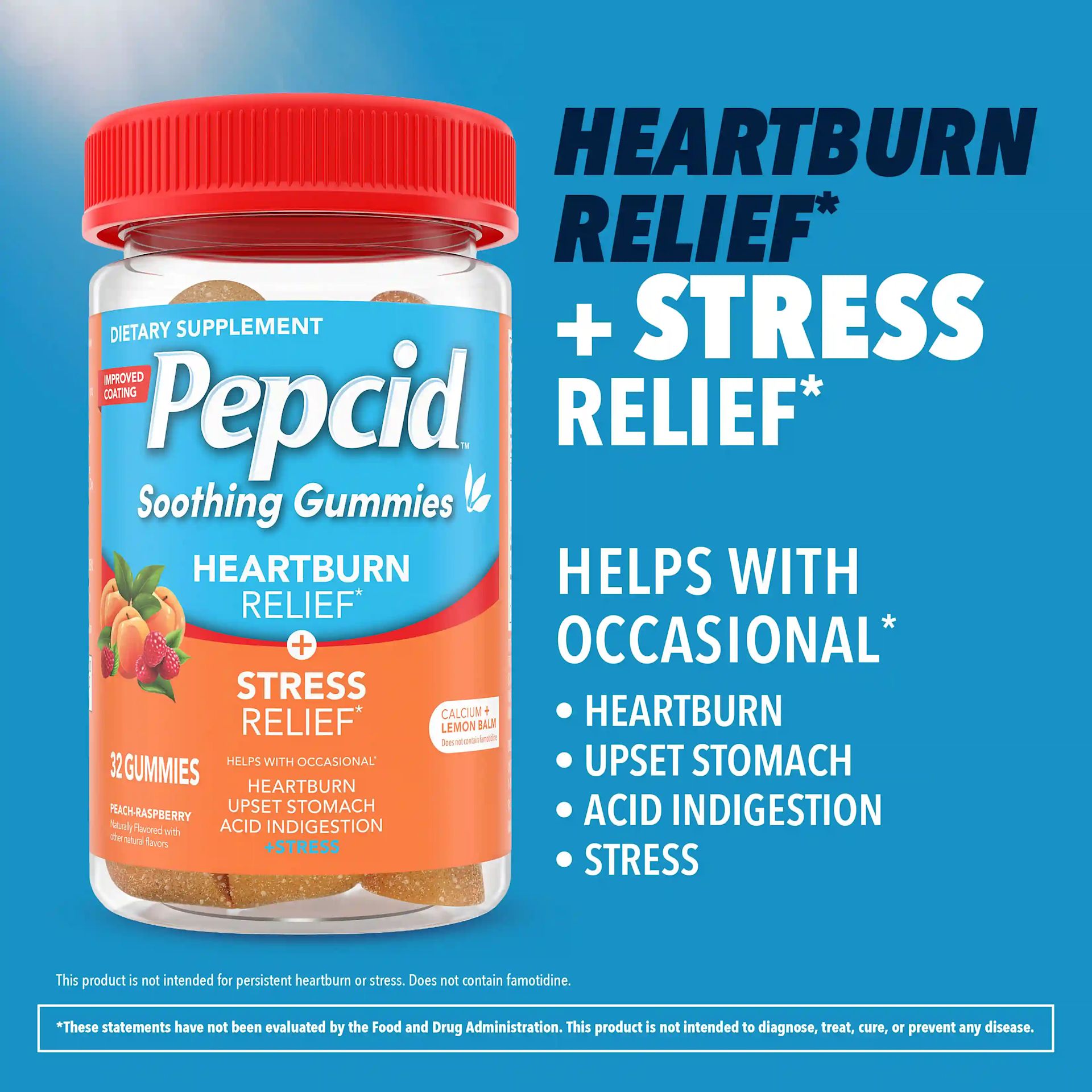 PEPCID® Gummies showcasing heartburn relief and stress support benefits, an ideal dietary supplement