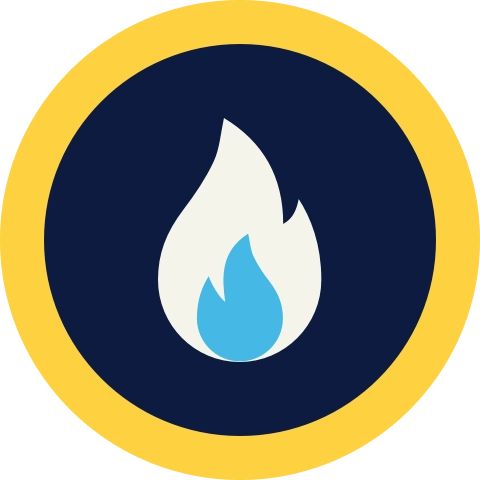 A blue flame within a circle for Pepcid 12 hour acid control
