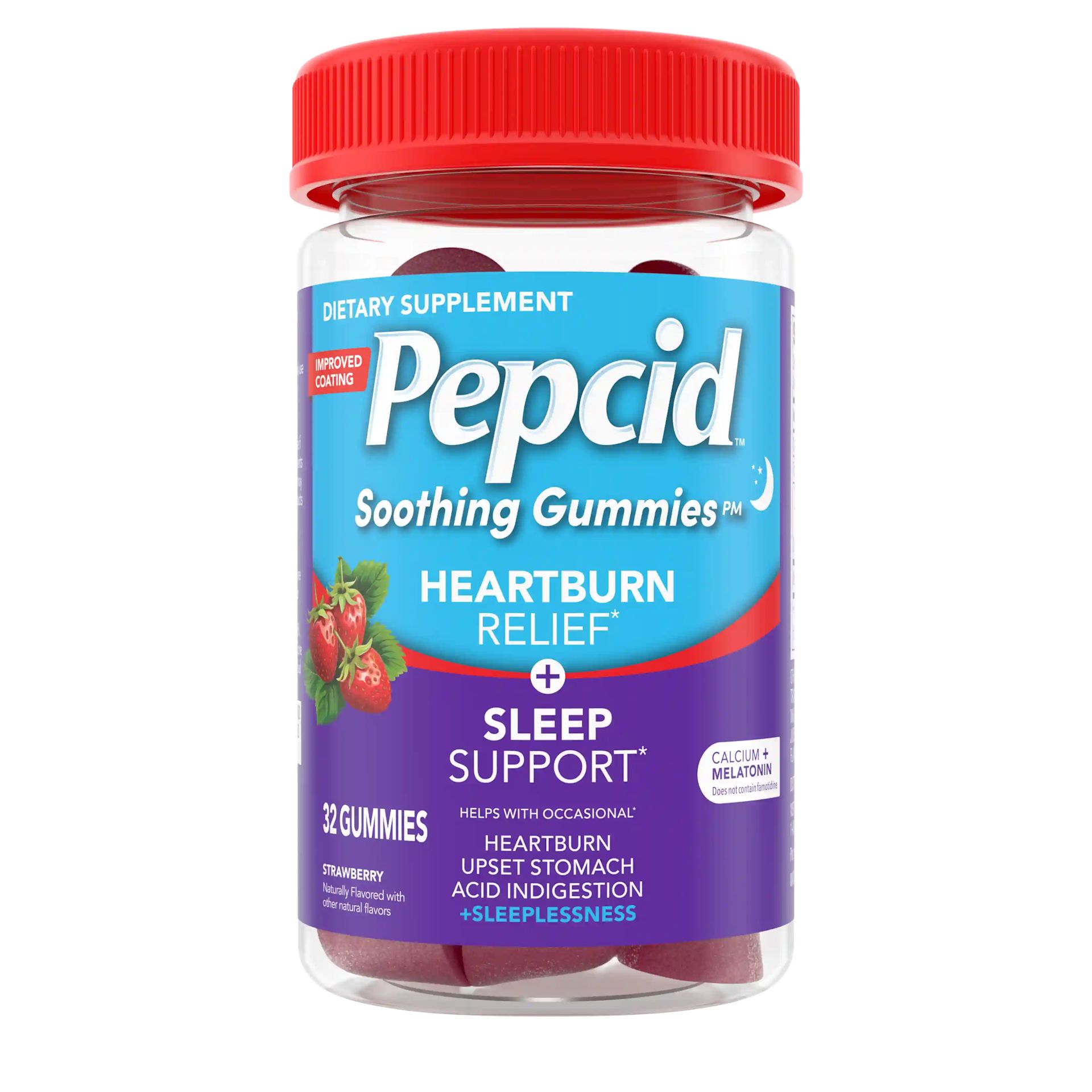 PEPCID® Soothing Gummies, Heartburn Relief + Sleep Support front of bottle