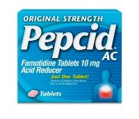 Original Strength PEPCID AC® A box of Original Strength Pepcid AC® acid reducer 10 mg tablets for occasional heartburn.