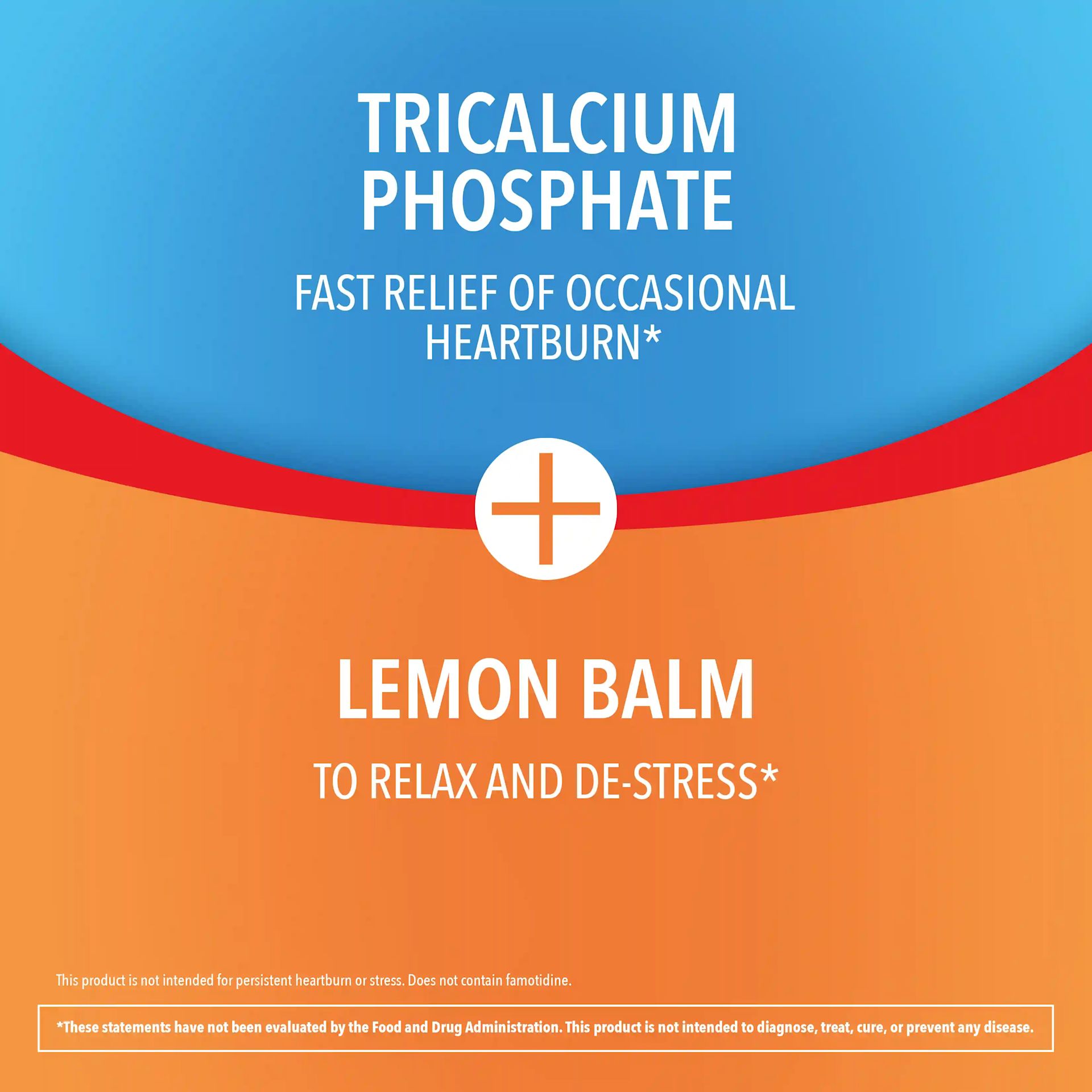 Tricalcium Phosphate formula for fast heartburn relief and stress relief from lemon balm, set against a blue and orange background
