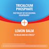Tricalcium Phosphate formula for fast heartburn relief and stress relief from lemon balm, set against a blue and orange background