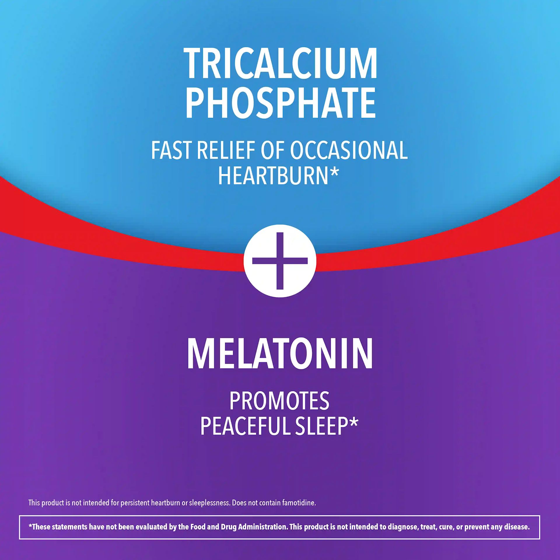 Heartburn relief with Tricalcium Phosphate and Melatonin, supporting restful sleep in a dietary supplement.