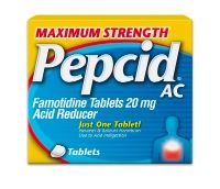 Maximum Strength PEPCID AC® A box of Maximum Strength Pepcid AC® tablets with Famotidine for acid indigestion relief.