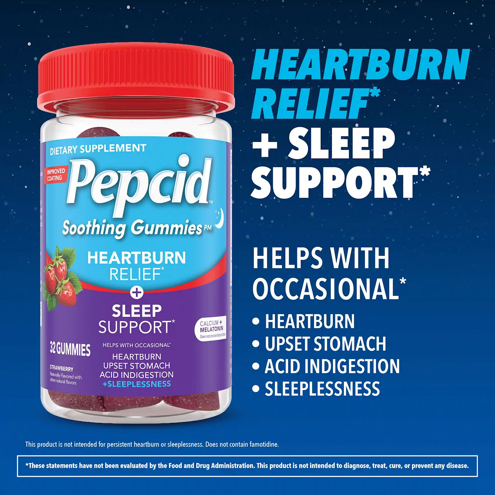 PEPCID® Gummies showcasing heartburn relief and sleep support benefits, an ideal dietary supplement