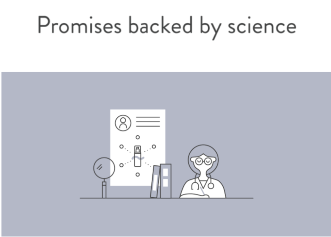 Graphic of skincare provider with text that says "Promises backed by science"