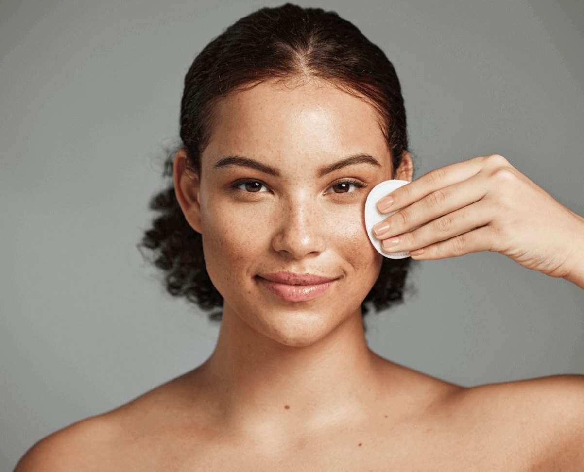 Woman With Cotton Pad Applying Toner