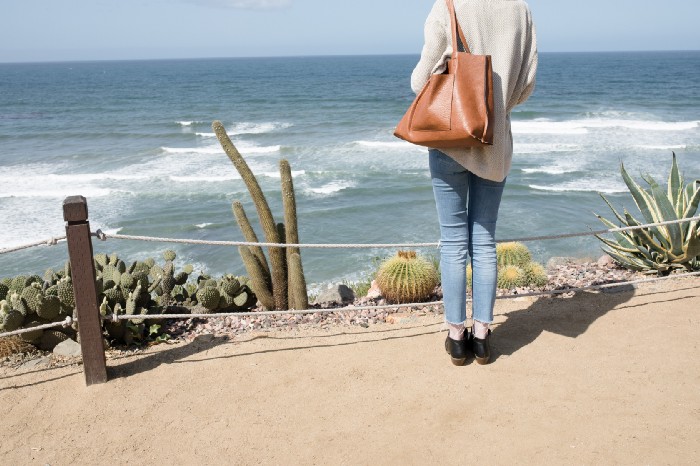 Person staring at beach holding purse