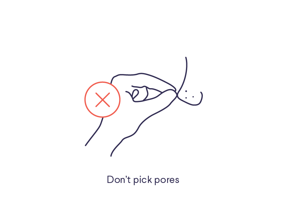Illustration of a hand and a nose with defined pores with a red circle with "X" inside of it with text "Don't pick pores"
