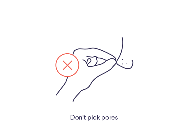 Illustration of a hand and a nose with defined pores with a red circle with "X" inside of it with text "Don't pick pores"