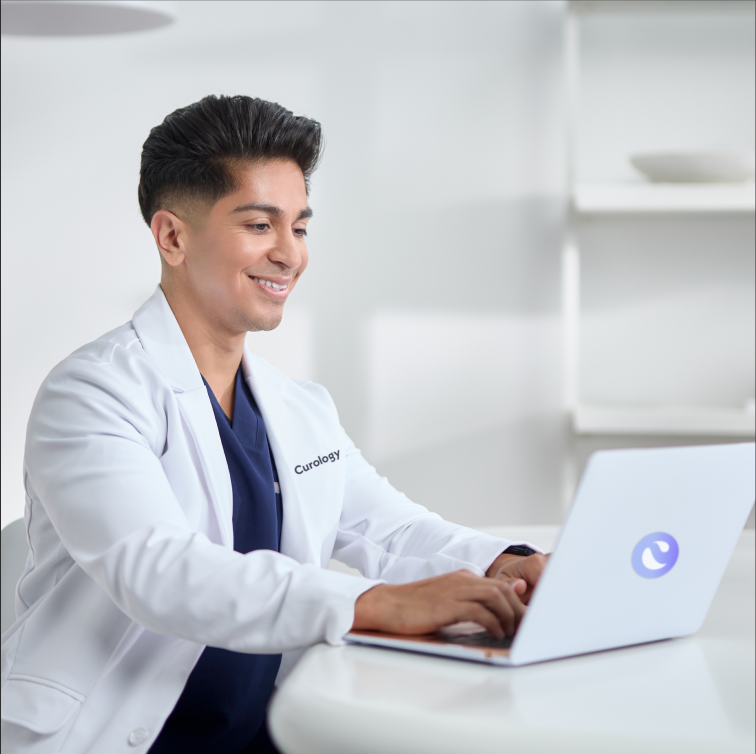 Curology dermatology provider working in the app; Curology providers can review progress and adjust DayPrime Rx ingredients or strength as your skin changes.