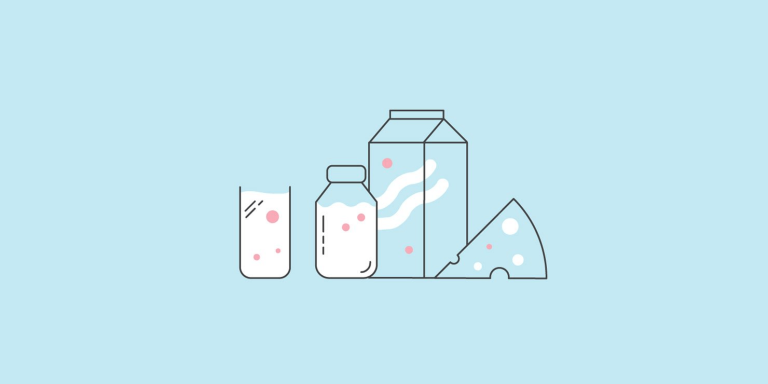 Illustration of milk glass, milk carton, and cheese against a light blue background