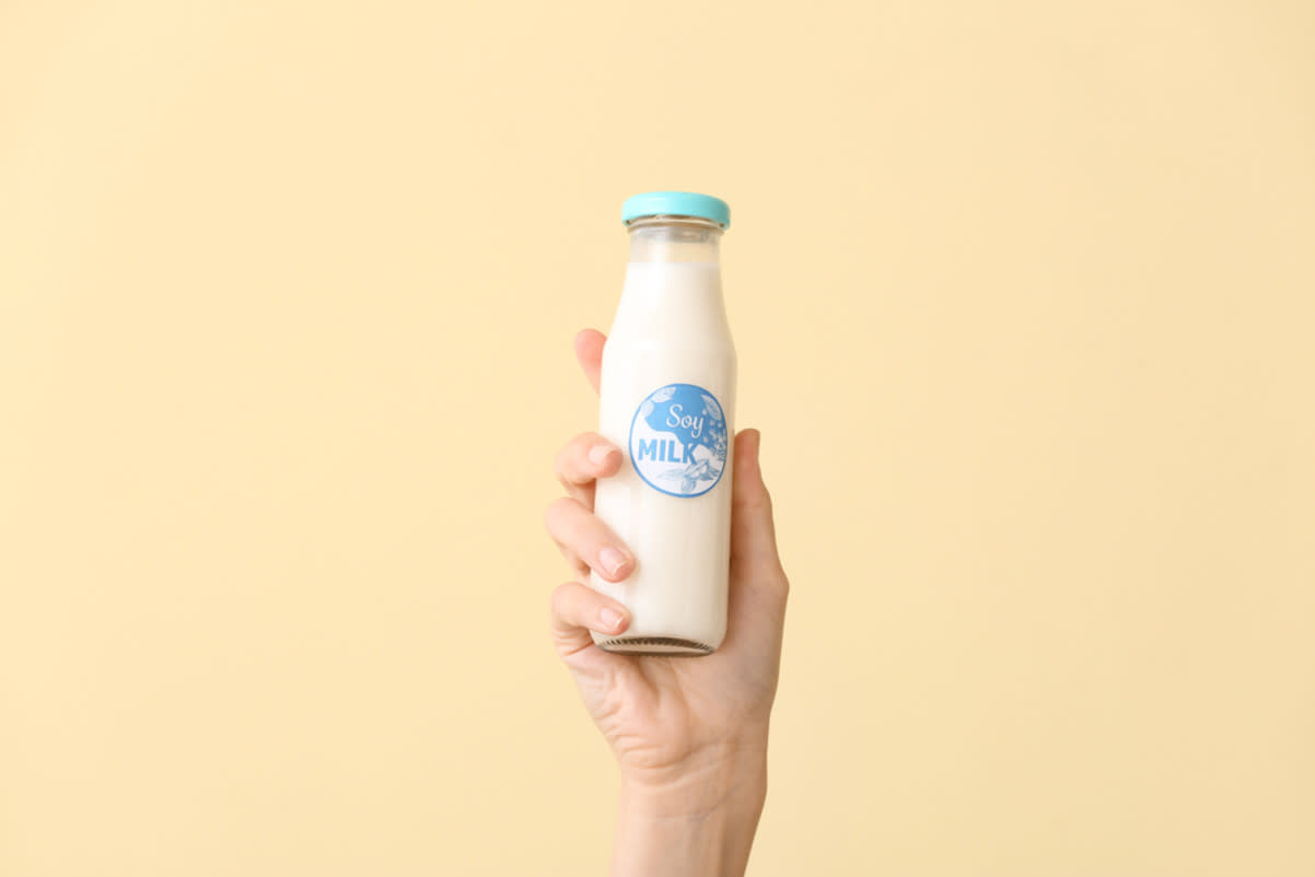 soy milk inside glass bottle