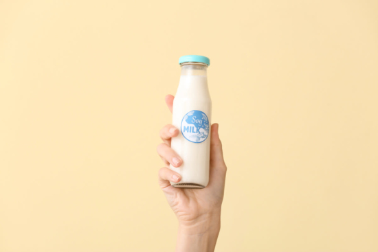 soy milk inside glass bottle