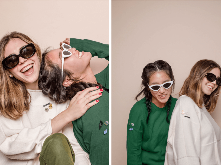 Two images of women in sunglasses laughing
