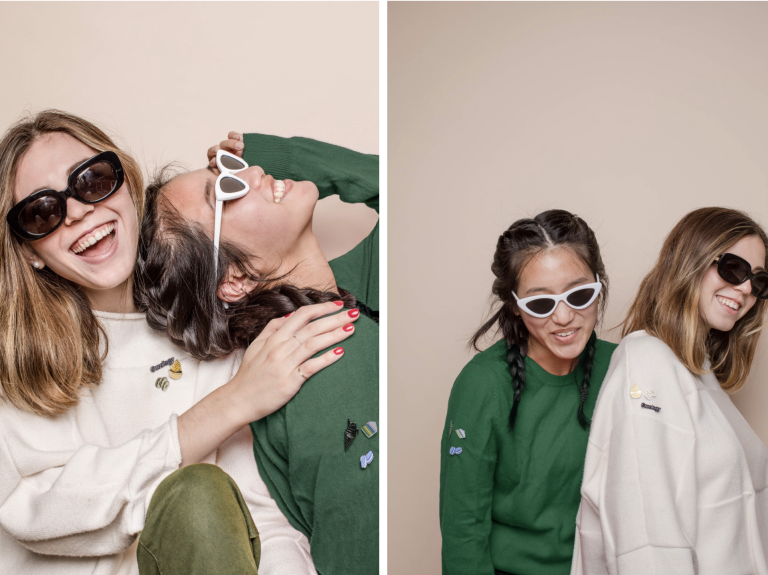 Two images of women in sunglasses laughing