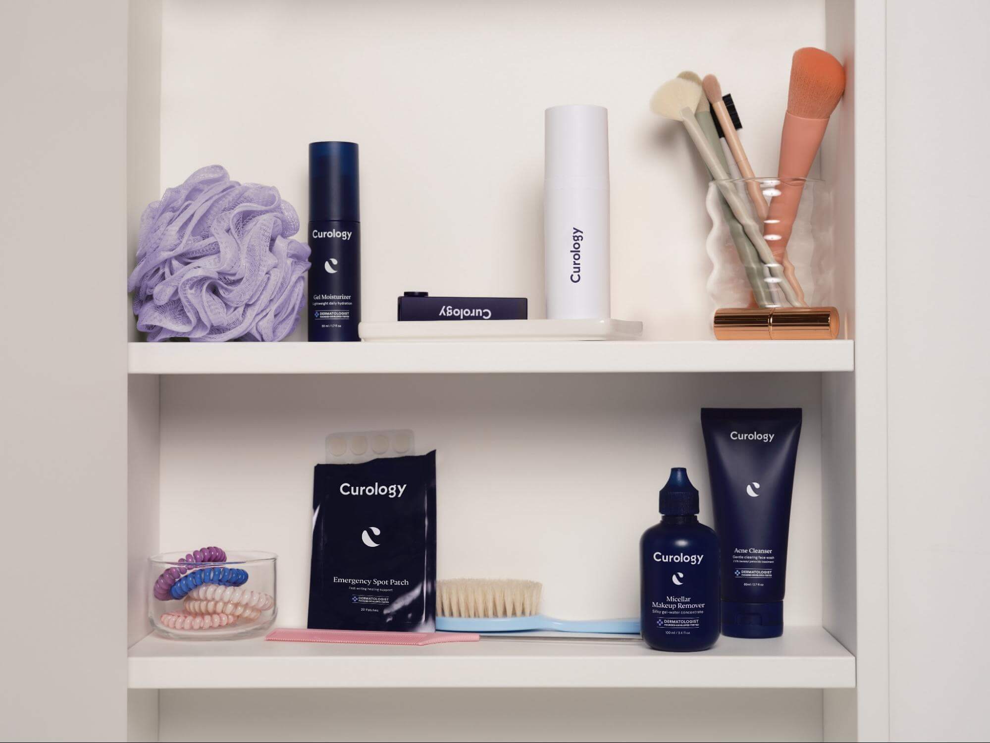 Shelves with Curology products