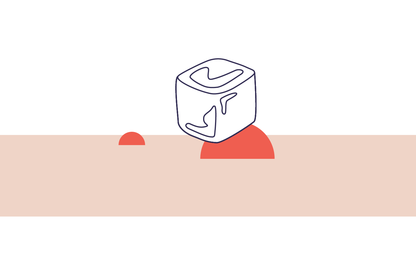 Illustration of an ice cube outline and red semicircles against a peach background, all against a white background