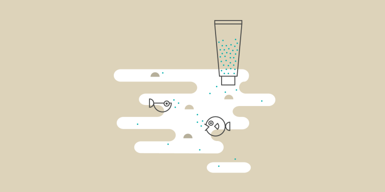 Illustration of microbeads contaminating water with fishes 