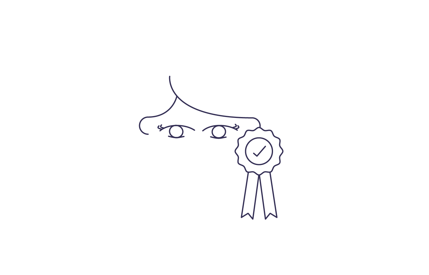 An illustration of the upper half of a face, depicting eyes, hair, and a ribbon with a check-mark.