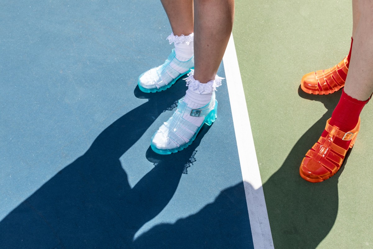 Blue and red clear shoes