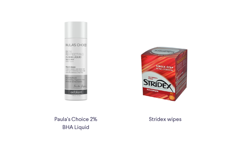 Product images; left, Paula's Choice bottle with text "Paula's Choice 2% BHA Liquid;" right, Stridex box with text "Stridex wipes;" all against a neutral gray background