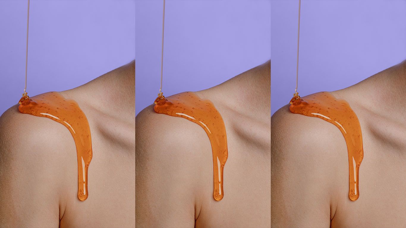 Three images of jelly dripping on shoulder