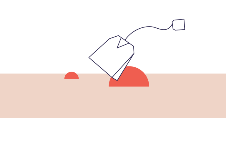 Illustration of a tea bag outline and red semicircles against a peach background, all against a white background