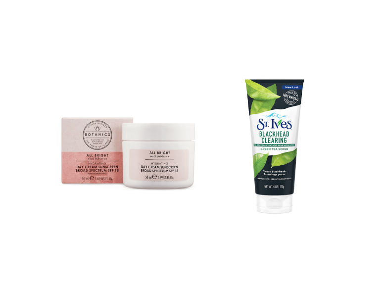 Left: Botanics All Bright Day Cream SPF 15 (contains alcohol). Right: St. Ives Blackhead Clearing Face Scrub Green Tea (contains cetyl acetate). products