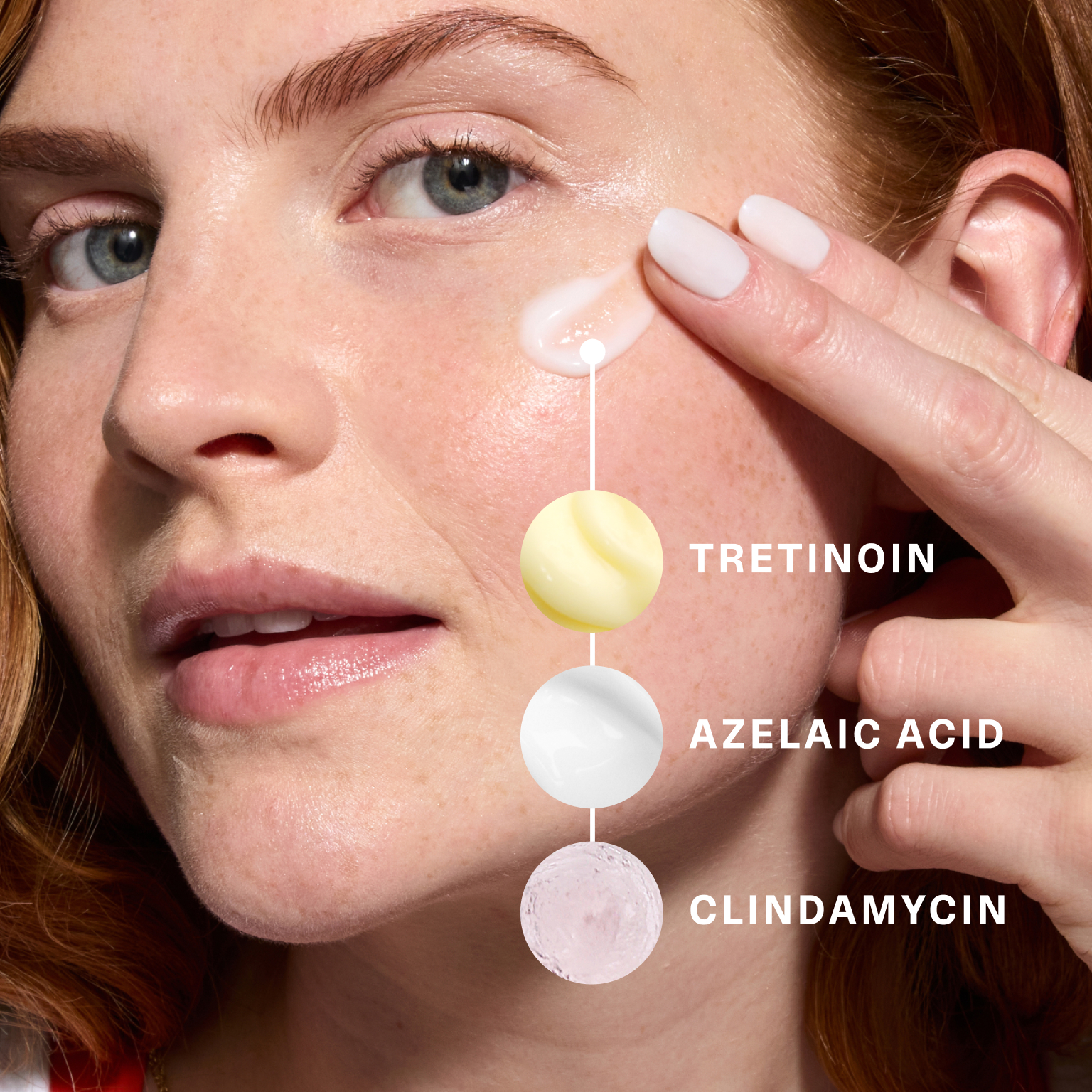 product swatches of ingredients offered in Curology Custom Formula Rx: tretinoin, azelaic acid, and clindamycin